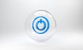 Blue Power button icon isolated on grey background. Start sign. Glass circle button. 3D render illustration Royalty Free Stock Photo