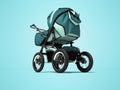 Blue pram with pockets for baby boy 3d render on blue background with shadow Royalty Free Stock Photo