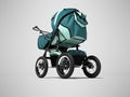 Blue pram with pockets for baby boy 3d render on gray background with shadow