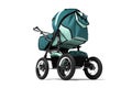 Blue pram with pockets for baby boy 3d render on white background with shadow Royalty Free Stock Photo