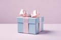 Blue present box with luxurious shiny pink satin ribbon bow on pink background, Valentines day and Mothers day promotion offer