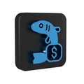 Blue Price tag for fish icon isolated on transparent background. Black square button.