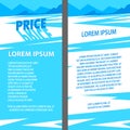 Blue Price text with long shadow on snowy mountain slope. Sunny winter flat landscape banners set