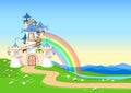 Fairytale background with princess castle in blooming valley