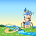 Fairytale background with princess castle in blooming valley