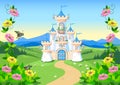 Fairytale background with princess castle in blooming valley