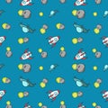 Blue print, Space rocket, round planets and moon, yellow stars, seamless square pattern Royalty Free Stock Photo