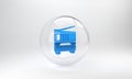 Blue Printer icon isolated on grey background. Glass circle button. 3D render illustration Royalty Free Stock Photo
