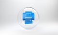 Blue Printer icon isolated on grey background. Glass circle button. 3D render illustration Royalty Free Stock Photo