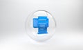 Blue Printer icon isolated on grey background. Glass circle button. 3D render illustration Royalty Free Stock Photo