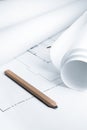 Blue Prints with Construction Pencil Royalty Free Stock Photo