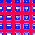 Blue Prison cell door with grill window icon isolated seamless pattern on red background. Vector