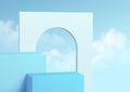 Blue product podium showcase on the background of clear sky with clouds. Podium show cosmetic product 3d realistic