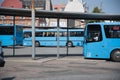Blue pubblic bus at the bus station in Aarhus