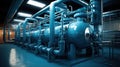 Blue pumps, shiny stainless metal pipes, and valves. Large industrial boiler room and water treatment facility Royalty Free Stock Photo