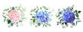 Blue, purple, blush pink hydrangea flowers, emerald greenery and eucalyptus wedding vector bouquets set Royalty Free Stock Photo