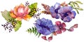 Blue purple bouquet floral botanical flowers. Watercolor background set. Isolated bouquets illustration element.