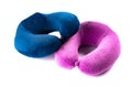 Blue and purple comfortable neck pillows on white Royalty Free Stock Photo