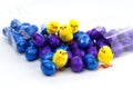 Blue and purple easter eggs with yellow chicks