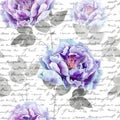Green small leaves watercolor seamless pattern on black background.Blue and purple flowers of peony. Seamless flower pattern for t Royalty Free Stock Photo