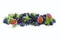 Blue and purple food. Top view. Ripe blueberries, blackberries, grapes, plums and figs. Royalty Free Stock Photo