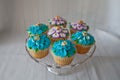 Blue and Purple frosted cupcakes decorated with gold dust