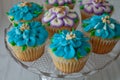 Blue and Purple frosted cupcakes decorated with gold dust