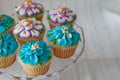 Blue and Purple frosted cupcakes decorated with gold dust