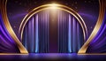 Blue purple Golden Curtain Stage Award Background. Trophy on Red Carpet Luxury Background. Generative ai