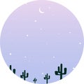 Blue and purple landscape with silhouettes of cactus, moon and stars in the sky. Background vector illustration for greeting card, Royalty Free Stock Photo