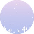 Blue and purple landscape with silhouettes of cactus, moon and stars in the sky. Background vector illustration for greeting card, Royalty Free Stock Photo