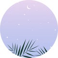 Blue and purple landscape with silhouettes of tropical palm tree leaves, moon and stars in the sky. Background vector illustration Royalty Free Stock Photo