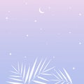 Blue and purple landscape with silhouettes of tropical palm tree leaves, moon and stars in the sky. Background vector illustration Royalty Free Stock Photo