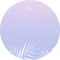 Blue and purple landscape with silhouettes of tropical palm tree leaves, moon and stars in the sky. Background vector illustration Royalty Free Stock Photo