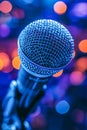 Blue and purple lighted background with microphone in front of it. Generative AI