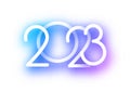 2023 blue and purple neon like sign on white background
