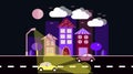 Blue with a purple night city, a small town in a flat style with houses with a sloping tile roof, cars with lights, trees, birds, Royalty Free Stock Photo