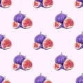Blue and purple round fig fruit seamless pattern on light background. Royalty Free Stock Photo