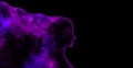 Blue and purple shining star universe in the shape of a woman's profile silhouette on a black background