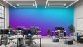Modern Open Plan Office Space with Multiple Computer Workstations and Gradient Blue Purple Wall Keywords: office Royalty Free Stock Photo