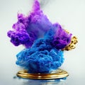 Blue and purple smoke on a golden pedestal. 3d rendering AI Generated