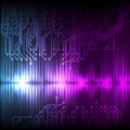 Blue-purple wave abstract equalizer and circuit. Royalty Free Stock Photo