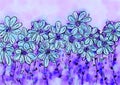 Blue, purple and white field of flowers illustration, handpainted watercolor floral image