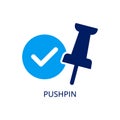 A blue pushpin icon with a white checkmark inside a blue circle Royalty Free Stock Photo
