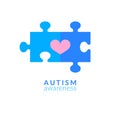 Blue puzzle peace with heart. Autism awareness symbol. World autism awareness day. Vector design illustration with heart. Symbol