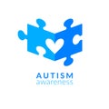 Blue puzzle peace with heart. Autism awareness symbol. World autism awareness day. Vector design illustration with heart. Symbol