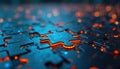 Blue puzzle pieces glow with vibrant orange light on dark tech surface. Small water droplets visible. Abstract image represents Royalty Free Stock Photo