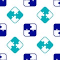 Blue Puzzle pieces toy icon isolated seamless pattern on white background. Vector Royalty Free Stock Photo