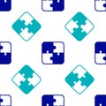 Blue Puzzle pieces toy icon isolated seamless pattern on white background. Vector Royalty Free Stock Photo