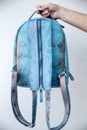 Blue python leather backpack is holding with woman hand with back side of zipper part. Royalty Free Stock Photo